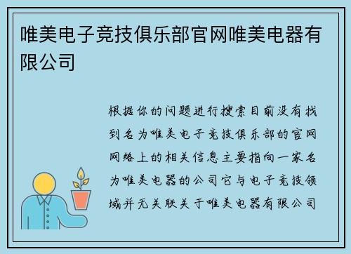 唯美电子竞技俱乐部官网唯美电器有限公司